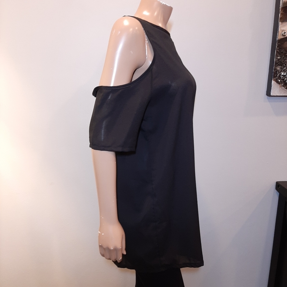 Cold Shoulder Tunic Top Mini Dress Short Sleeve Solid Black Semi Sheer - Picture 6 of 10